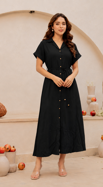 Women’s Stylish Belted Midi Dress-Black