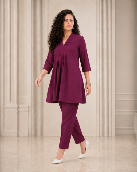 Solid Rayon Pleated Kurti Pant Co-ord Set - Rich Plum