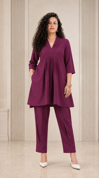 Solid Rayon Pleated Kurti Pant Co-ord Set - Rich Plum