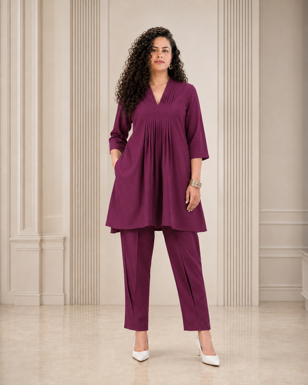 Solid Rayon Pleated Kurti Pant Co-ord Set - Rich Plum