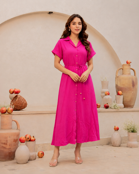 Women’s Stylish Belted Midi Dress-Pink