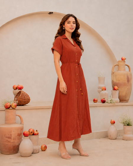 Women’s Stylish Belted Midi Dress-Orange