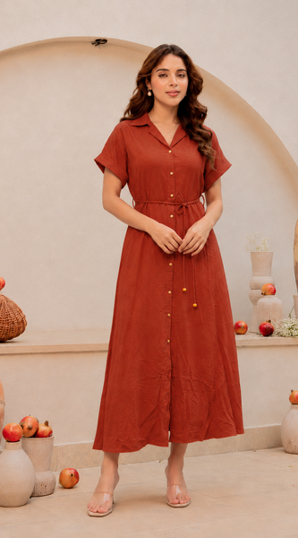 Women’s Stylish Belted Midi Dress-Orange