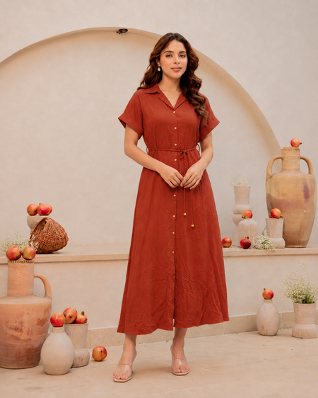 Women’s Stylish Belted Midi Dress-Orange
