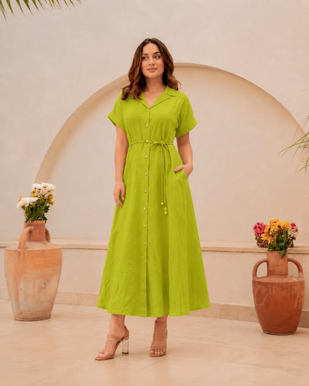 Women’s Stylish Belted Midi Dress-Green