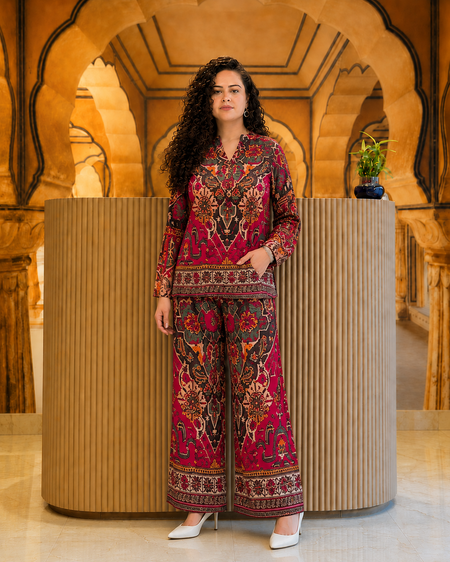 Bold Traditional Print Rayon Kurti Pant Co-ord Set