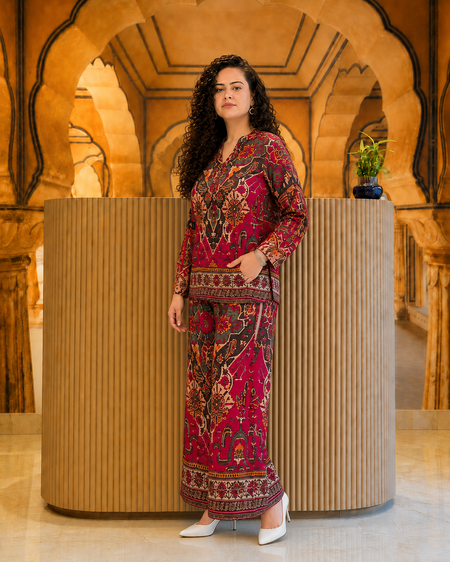 Bold Traditional Print Rayon Kurti Pant Co-ord Set