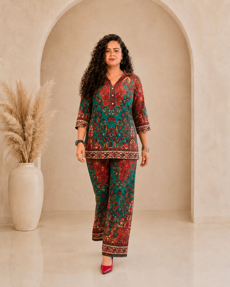 Premium Print Rayon Kurti Pant Co-ord Set - Teal & Maroon