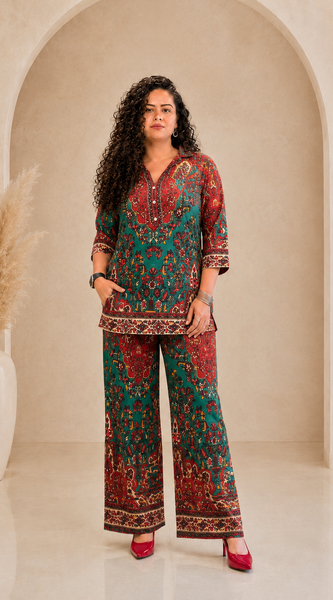 Premium Print Rayon Kurti Pant Co-ord Set - Teal & Maroon
