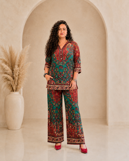 Premium Print Rayon Kurti Pant Co-ord Set - Teal & Maroon