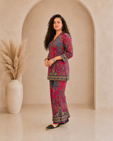 Asymmetric Rayon Kurti Pant Co-ord Set - Pink & Blue