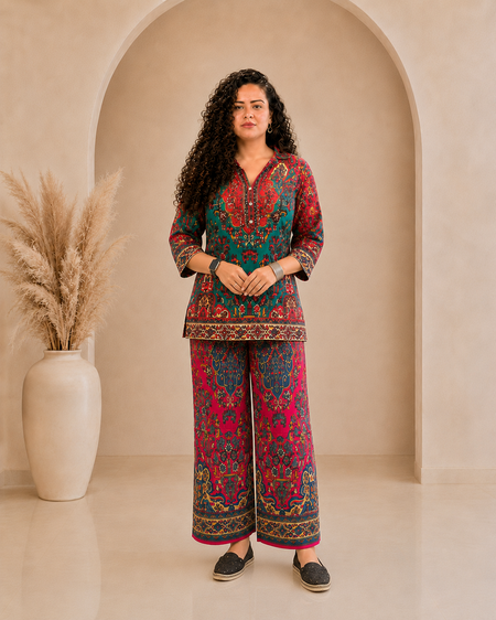 Asymmetric Rayon Kurti Pant Co-ord Set - Pink & Blue