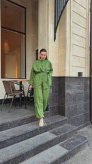 Effortless Olive Button-Down Co-ord Set – Minimalist Chic for Modern Elegance