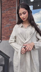 Beige Linen Wrap-Around Midi Shirt Dress