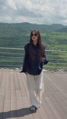 Effortless Navy Shirt & White Trousers Set – Minimalist Chic for Modern Elegance